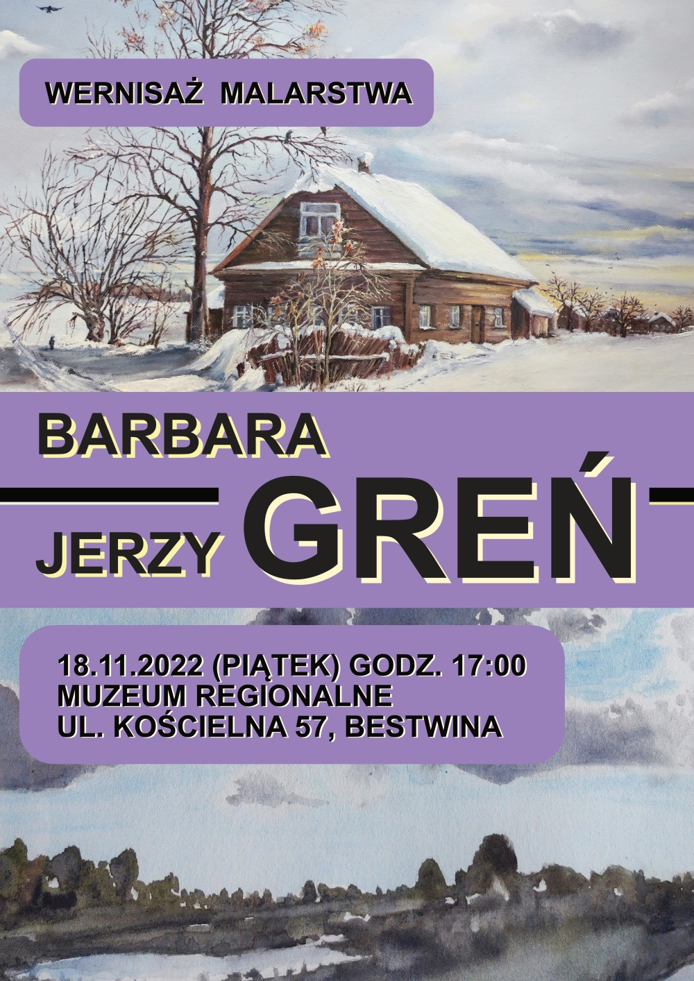 Zaproszenie na wernisaż Barbary i Jerzego Greń - plakat: 18.11.20022 godz. 17:00